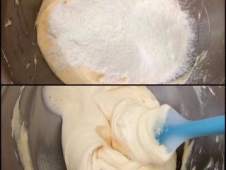 檸檬奶酪磅蛋糕,低筋麵粉和泡打粉混合 過篩進去 加鹽用刮刀以划'の'的翻拌手法將粉和油混合均勻 成光滑無粉粒的麵糊