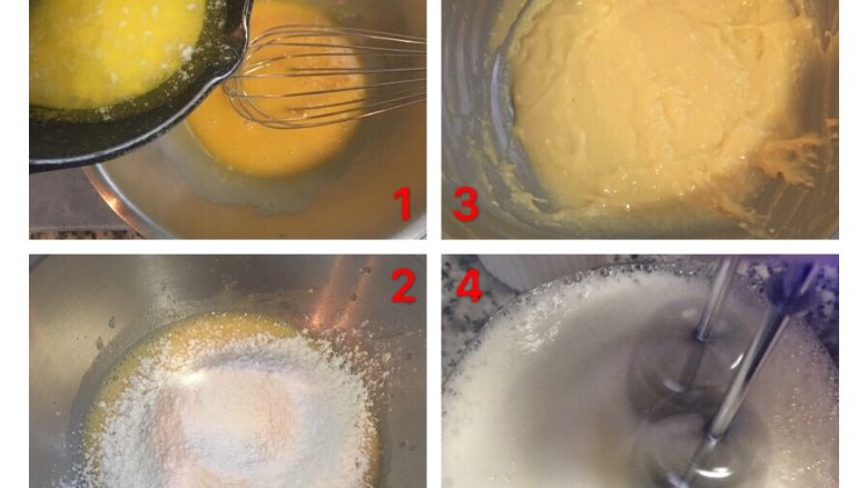 起司杯子蛋糕(無泡打粉）,牛奶+無鹽奶油小火煮到鍋邊起小泡泡即可。蛋黃先打散，接著邊攪拌蛋黃，邊緩緩的將牛奶和無鹽奶油液倒入拌勻。
將低筋麵粉篩入蛋黃液中，輕輕拌勻後備用。
用電動攪拌器先將蛋白稍微打發後，擠入檸檬汁繼續打，