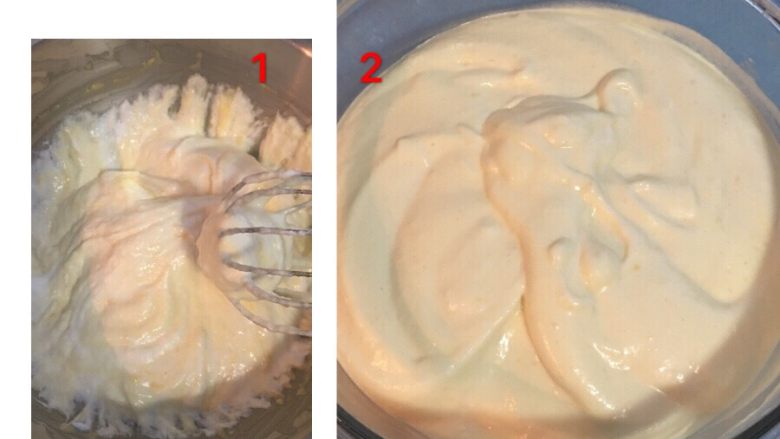 起司杯子蛋糕(無泡打粉）,將蛋白分三次混入蛋黃糊中，即完成蛋糕糊