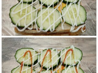 哈哈-三明治,加上青瓜片，涂上沙拉酱和少许番茄酱