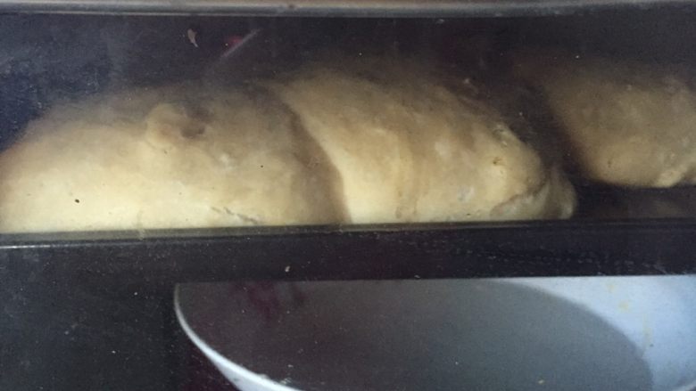 二次发酵面包,不用揉面，直接将面团整形放入烤盘，隔热水约半小时后，开始烤制。先170度5分钟，转150度25分钟即可。记得烤制前在面团上涂抹一层油哦。