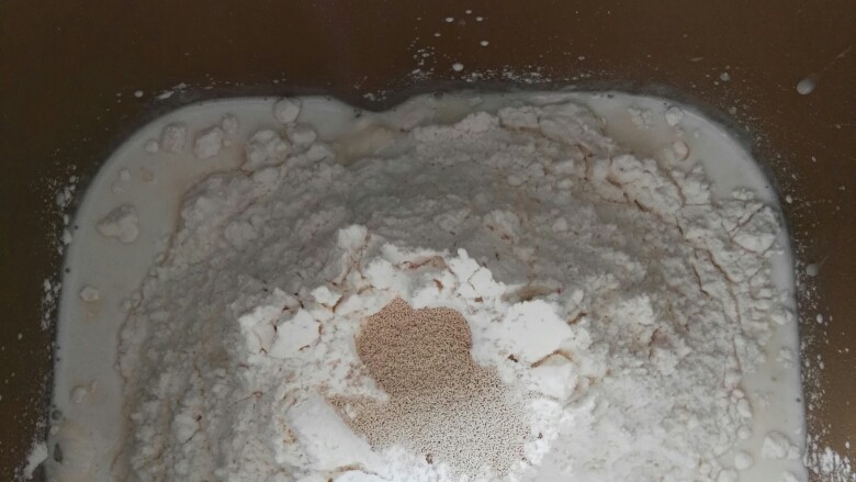 小乌龟面包#面团的发酵之旅#,所有原料除盐和黄油外，放入面包机里搅拌（天热都用冰液体）