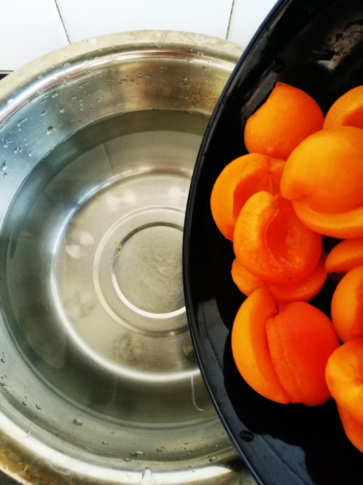 冰糖杏罐头做法,白钢制锅，放入水，水开放入鲜杏，熟制