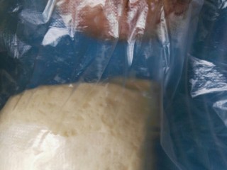 女孩花样面包#面团的发酵之旅#,分1/3面团加入可可粉揉匀，原味和可可的盖上保鲜袋二次发酵。