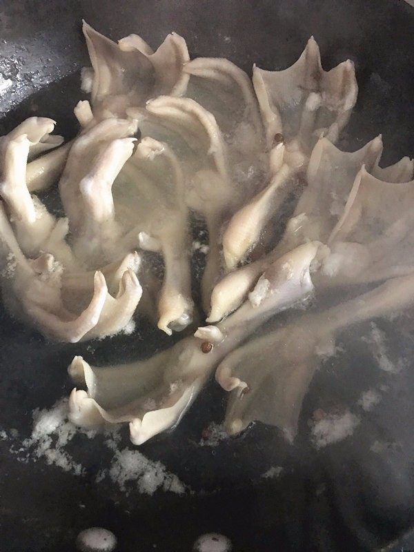完美复制周黑鸭鸭掌,水烧开后继续煮4分钟捞出，放在冷水下冲洗至鸭掌冷却。