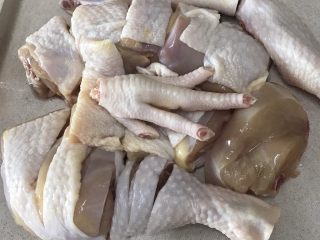 馋嘴川味口水鸡,1：鸡肉处理，买回来的鸡，洗干净，可以一整边煮，也可以跟我一样，先剁成大块，待会更方便处理；