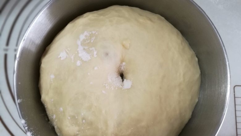 香肠面包,4.发酵好的面团用手指头沾面粉戳进去，不回缩，不反弹就行了