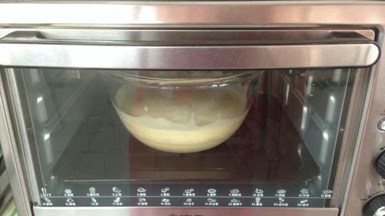 椰香黄金糕,将做好的蛋糊放入到烤箱，选择发酵档37度，发酵一个小时，每隔15-20分钟就取出来，用打蛋器搅打十秒，最后一次搅打一分钟。