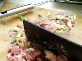猪肉豆角馅饺子,猪肉放案板上，撒适量盐和葱一起剁碎（时间紧张没有切姜）。