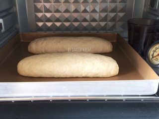黑麦面包（海绵酵头）,放进烤盘，在烤箱中放一杯热水，发酵至二倍大。