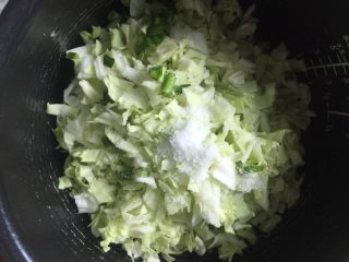 日式煎饺,卷心菜和韭菜放入锅中加入5g盐拌均匀后腌制半小时