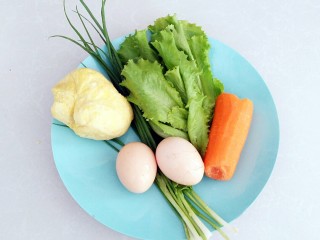 清爽豆浆凉面,面粉揉成团，准备鸡蛋，胡萝卜，香葱，生菜。
