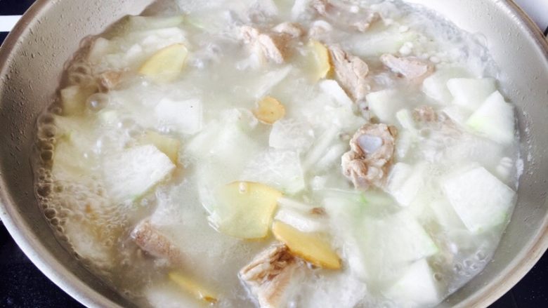 冬瓜薏仁排骨汤,最后放入冬瓜片，放适量的盐调味，锅里的汤再次开了即可。