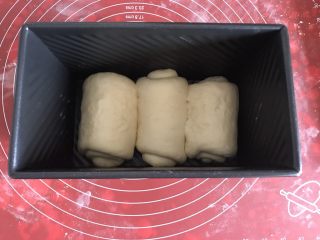波兰种吐司,将三个面团按相同的操作卷好，放进土司盒，注意收口方向要一致。室温进行二发。