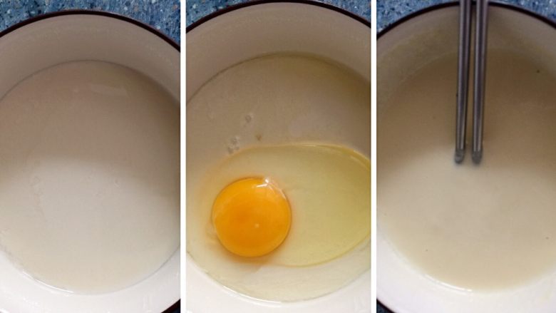 三丝卷,倒掉多余的水之后，放一个鸡蛋，搅拌均匀。