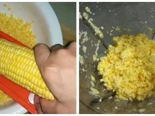 玉米粑粑,用擦板檫成渣子。放入料理机中，加入少许的水搅拌成玉米浆。