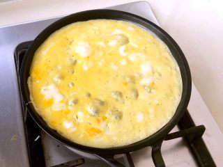 茄汁mini蛋包饭,热锅，抹上一层油，倒入准备好的蛋液，锅身将蛋液均匀布满锅面。中小火，做成蛋皮。