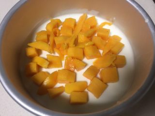抹茶酸奶双色吐司,把原味的慕斯糊倒入模具里，铺上一层芒果丁，盖保鲜膜入冰箱冷藏两小时。