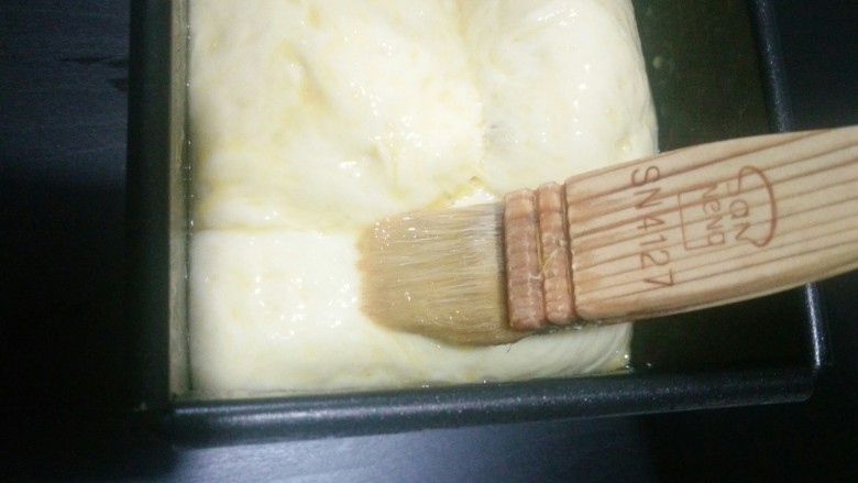 奶香土司,发酵好的面团，表面涂抹全蛋液。