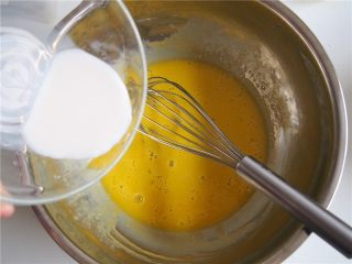 黄桃山药蛋糕卷,蛋黄打散，加入牛奶搅拌均匀
