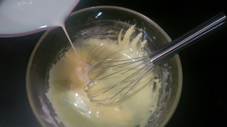 酥皮泡芙,牛奶晾凉，慢慢倒入蛋黄和面糊混合物中，一边倒一边搅拌，直到完全搅拌均匀。