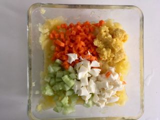 减肥版土豆泥,把胡萝卜丁、黄瓜丁、蛋白丁和蛋黄泥放入土豆泥中