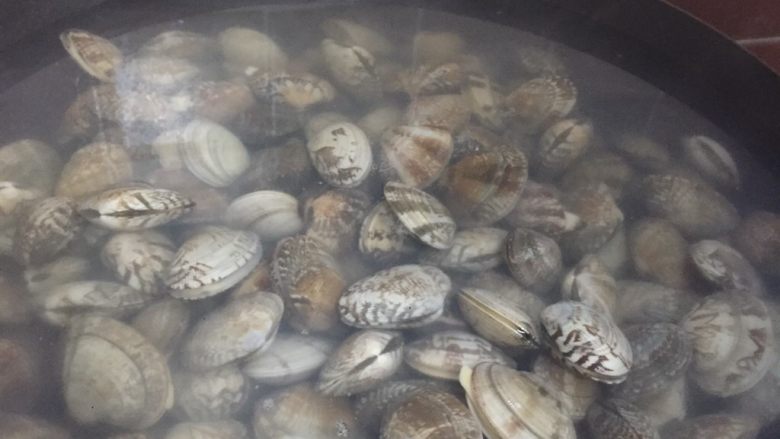 辣炒花蛤,吐干净的花蛤，水开后放入焯水一边，至花蛤打开捞起，不要时间太久