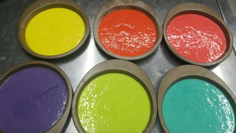 彩虹蛋糕胚制作方法,六个颜色拌匀后，烤箱165℃中层上下火15分钟。
