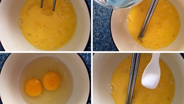秋葵蒸蛋,1）鸡蛋打入碗中。
2）用筷子打散。
3）加入适量盐。
4）加入1.5倍的清水。