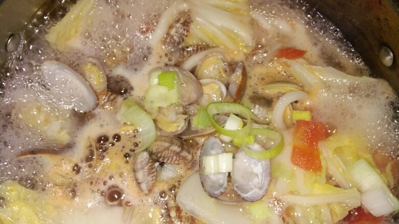 海鲜乌冬面,加入大葱，在滚个一分钟就可以出锅啦，出锅前可以加适量味精提鲜。