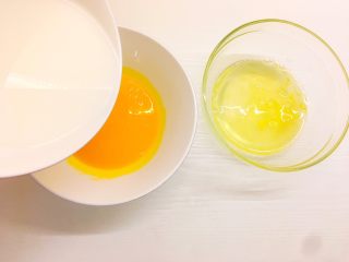 小熊蛋包饭,淀粉中加入适量温水搅拌均匀，将水淀粉分别加入蛋黄和蛋清中