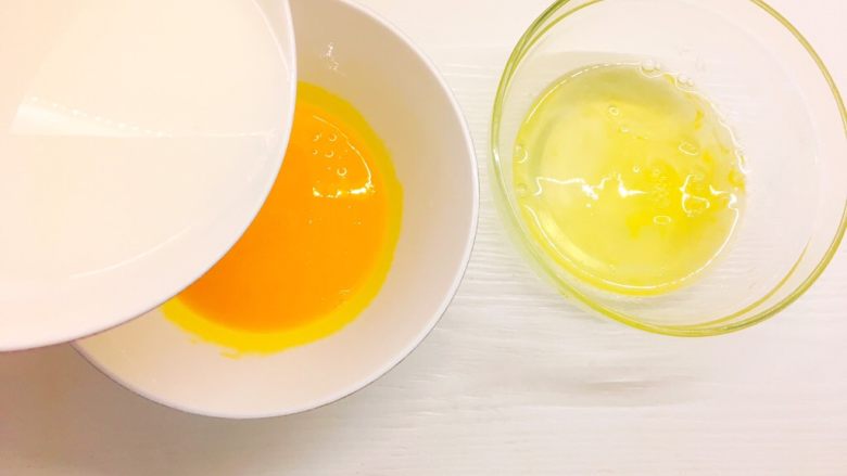 小熊蛋包饭,淀粉中加入适量温水搅拌均匀，将水淀粉分别加入蛋黄和蛋清中