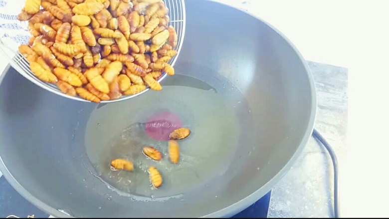 韭香蚕蛹,热锅起油，放入沥好水的蚕蛹，煸炒一会。