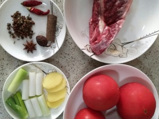 西红柿炖牛腩,食材准备，葱切段，生姜切片，一斤牛腩，4个西红柿