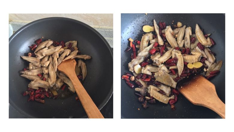 独家香辣鸡翅尖,辣椒炒出香味以后就可以把卤好的鸡翅尖放进锅中翻炒