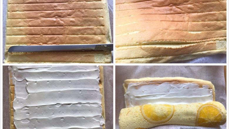 香橙蛋糕卷（清爽过夏天）,换一张新的油纸，把有橙片的那面朝下。
在面胚最前端切两刀，但不能切断。
抹上奶油。