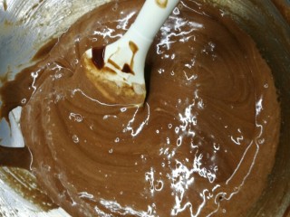 巧克力坚果蛋糕,再把打发好的蛋白分三次加入蛋黄和巧克力混合糊中，拌匀