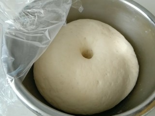 礼帽小企鹅面食,面团发酵到这样，用手摁下去，坑不回缩，发酵好了。