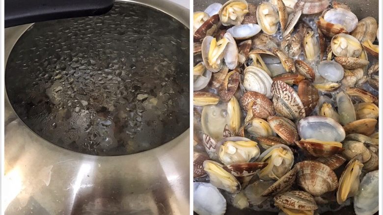超下饭的油爆花蛤,盖上锅盖等2分钟，让它们都开嘴笑～不要加水哦！！放心让它焖烧，开口后的花蛤会自己吐出汁液的，不会糊锅。