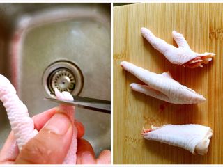 酱醋泡鸡爪,鸡脚用剪刀剪去指甲，洗干净切成3块。