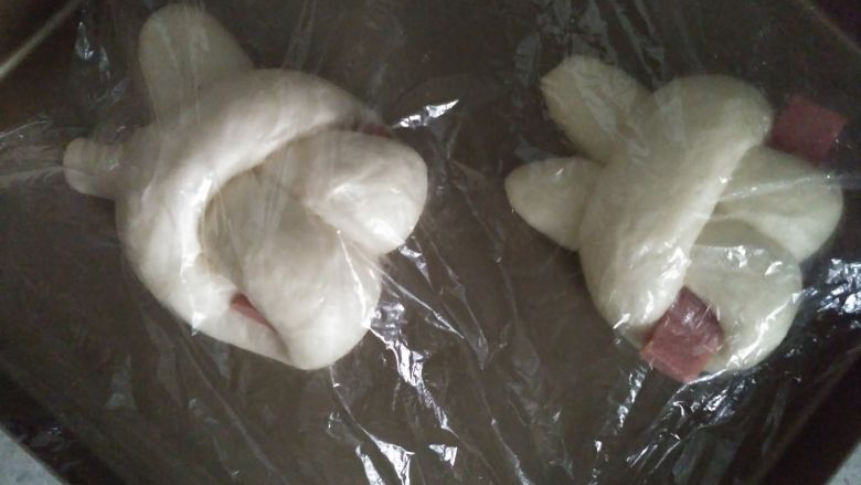 哄娃神器--萌萌哒兔子面包,发酵好的兔兔表面刷一层蛋液，放入预热好的烤箱170度上下火170度20分钟左右。
出炉后用融化的巧克力或者可可粉+水调成的酱画出兔兔的眼睛即