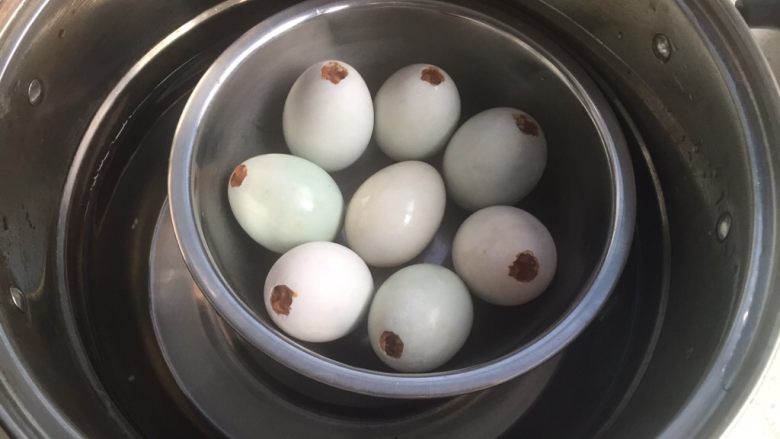 咸蛋肉粽,蒸锅里放入半锅水，把蛋粽放在深的打蛋盆里。然后盆放进水里，隔水蒸。