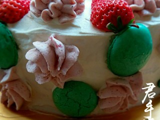 水果奶油生日蛋糕,侧面用大裱花嘴裱出大花贴着。。觉得太单调，还贴上了彩色裂口马卡龙。。。整体感觉还不错