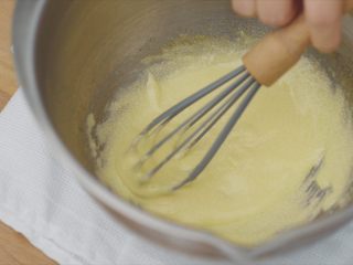 抹茶冰激凌泡芙,两个蛋黄+细砂糖60g，打发至发白，用不锈钢打蛋器会刮花不锈钢盆子，所以新买了个硅胶打蛋器。
