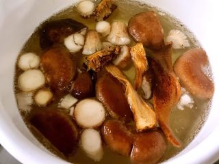 日式茶碗蒸,松茸乾和五朵香菇放進鍋里燉素高湯，約熬30分鐘即可