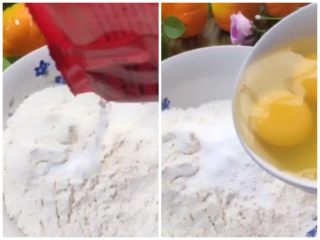 沙琪玛,面粉中加入泡打粉，再加入鸡蛋。