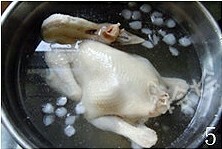 白切鸡,鸡捞出来放进冰水泡一下，使鸡皮收紧，吃起来才会滑嫩爽口！
