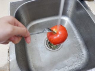 新手必看  番茄土豆汤,烧好的番茄不要立刻动手取下来剥皮。为啥？烫啊！
要么等它自己冷，着急就用冷水冲。