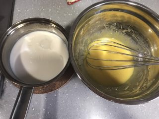 ＃不一样的泡芙＃香草泡芙,牛奶加热沸腾后慢慢倒入蛋黄糊，边倒边搅拌。