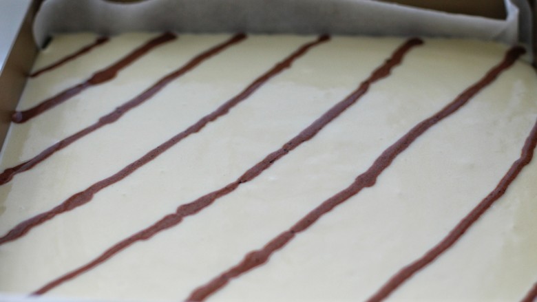 酸奶戚风蛋糕,烤盘铺油纸倒入面糊，如图中用可可面糊划出横线